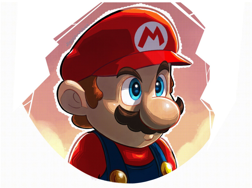 1boy blue_eyes blue_overalls brown_hair commentary hat highres jiggidyjakes male_focus mario overalls portrait red_shirt shirt solo super_mario_bros.