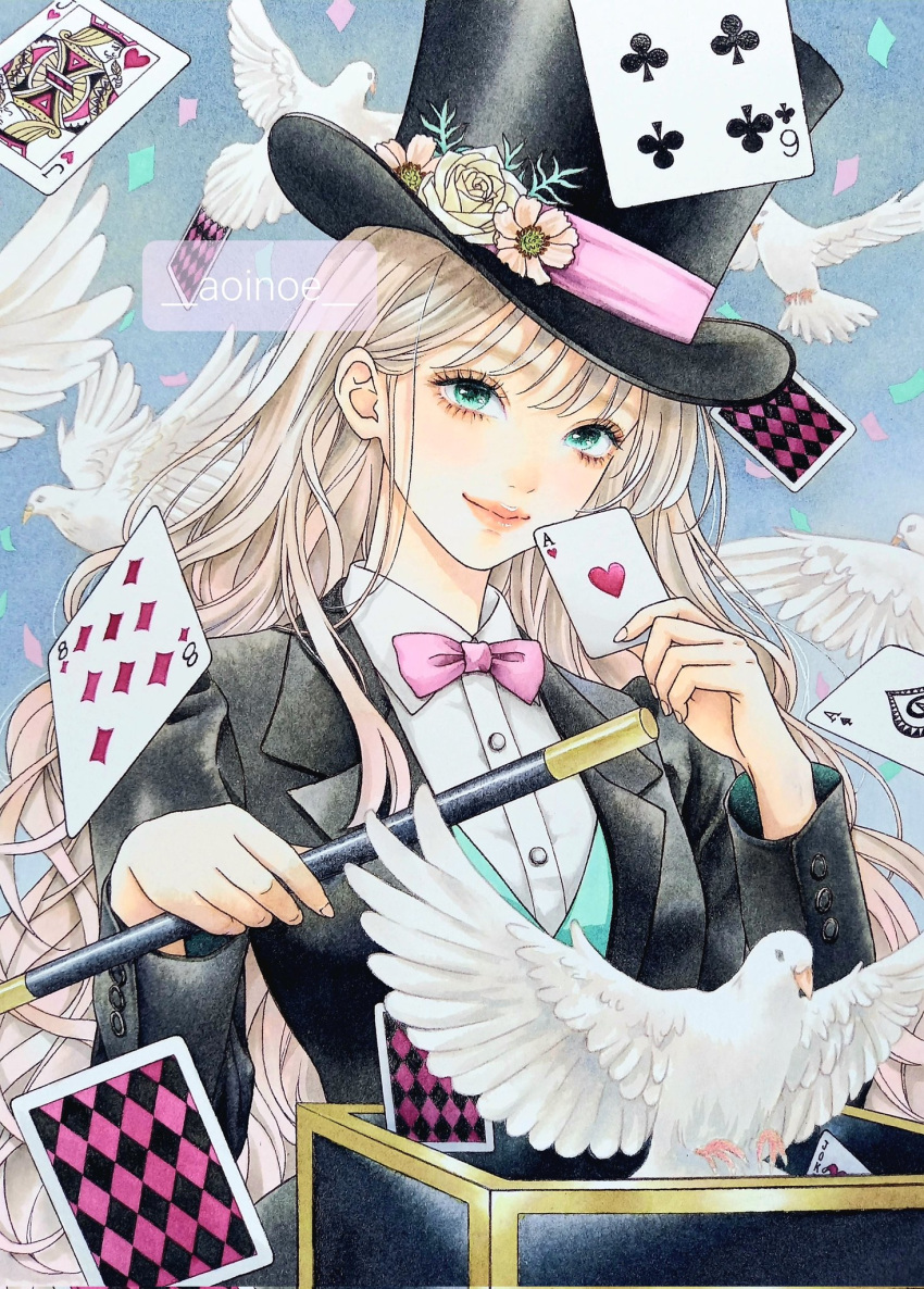 1girl aoinoe artist_name bird black_jacket blonde_hair blue_eyes bow bowtie box card dove hat highres holding holding_baton holding_card jacket long_hair looking_at_viewer marker_(medium) original pink_bow pink_bowtie playing_card shirt solo top_hat traditional_media upper_body watermark white_shirt