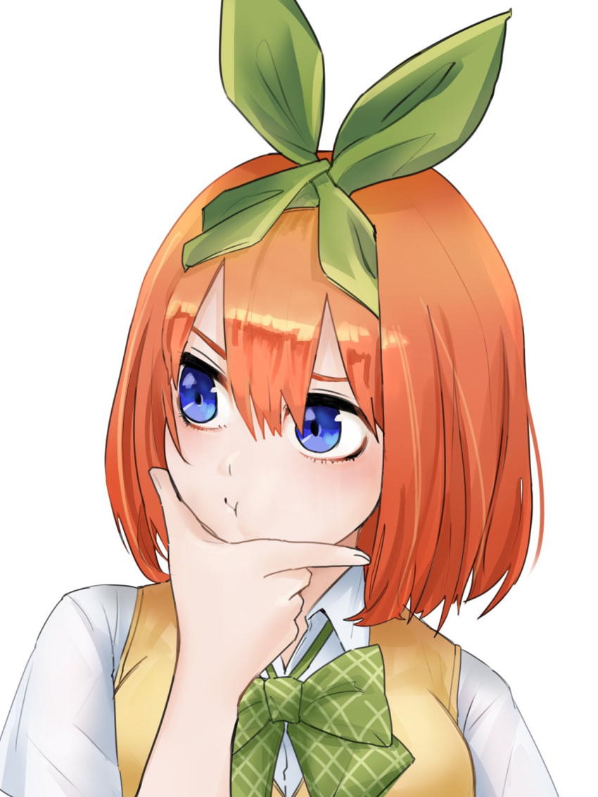 1girl :t blue_eyes blush bow close-up closed_mouth collared_shirt commentary_request double-parted_bangs emoji eyebrows_hidden_by_hair eyelashes furrowed_brow go-toubun_no_hanayome green_bow green_ribbon hair_between_eyes hair_ribbon hand_on_own_chin hand_up highres index_finger_raised looking_to_the_side medium_hair nakano_yotsuba orange_hair plaid plaid_bow ribbon school_uniform shirt simple_background solo squishing straight_hair stroking_own_chin sweater_vest thinking thino0203 white_background white_shirt yellow_sweater_vest