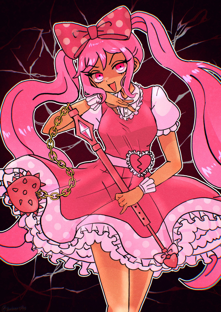 1girl :d amber09s bare_arms belt bow breasts buckle buttons chain chromatic_aberration collared_shirt commentary cowboy_shot dark-skinned_female dark_skin double-parted_bangs dress film_grain flail frilled_sleeves frilled_wrist_cuffs frills hair_between_eyes hair_bow hand_on_own_chest heart heart-shaped_buckle highres holding holding_flail holding_weapon long_hair omori open_mouth outline petticoat pink_belt pink_dress pinky_out polka_dot polka_dot_bow polka_dot_dress puffy_short_sleeves puffy_sleeves red_background red_bow shaded_face shirt short_sleeves sidelocks simple_background sleeveless sleeveless_dress small_breasts smile solo standing sweetheart_(omori) tongue twintails untranslatable_commentary v-shaped_eyebrows very_long_hair vignetting weapon white_outline white_shirt white_wrist_cuffs wrist_cuffs