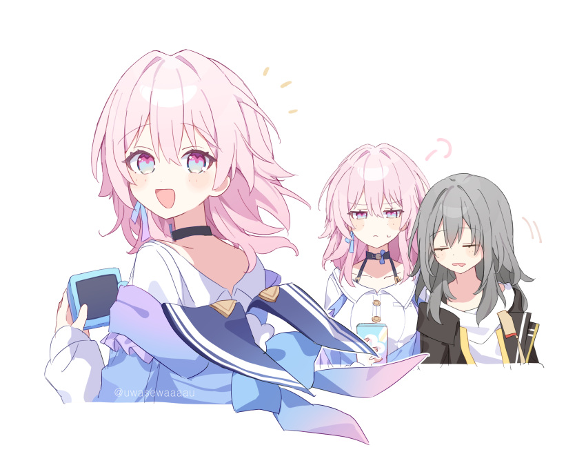 2girls :d =_= black_choker black_jacket blue_eyes blue_jacket camera cellphone choker closed_eyes commentary_request drooling grey_hair hair_intakes highres holding holding_camera holding_phone honkai:_star_rail honkai_(series) jacket long_sleeves looking_at_viewer march_7th_(honkai:_star_rail) march_7th_(preservation)_(honkai:_star_rail) mouth_drool multicolored_eyes multiple_girls multiple_views notice_lines open_mouth phone pink_hair puff_of_air shirt short_hair simple_background sleeping small_sweatdrop smartphone smile stelle_(honkai:_star_rail) trailblazer_(honkai:_star_rail) two-tone_eyes upper_body uwasewau violet_eyes white_background white_shirt