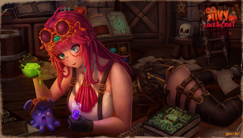 1girl absurdres aivy_lovencraft bad_source book craftito fanart goggles goggles_on_head green_eyes indie_virtual_youtuber long_hair monocle open_book open_mouth pink_hair potion sikozysdark skull smile virtual_youtuber vtuber vtuberfanart
