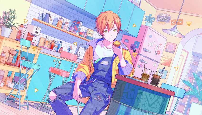 1boy belt biscuit_(bread) blonde_streaks blue_overalls bottle cereal_box chair coffee_maker collared_jacket colorful colorful_palette cup drinking_glass drinking_straw ear_piercing earrings eating english_text faucet flower food game_cg go_all_out_(project_sekai) green_eyes highres holding holding_food ice_cream jacket jar jewelry looking_at_viewer male_focus marshmallow milkshake multicolored_hair official_art orange_hair overalls photo_(object) piercing pink_flower pink_rose plant project_sekai refrigerator rose shelf shinonome_akito shirt short_hair sitting soda solo streaked_hair table teapot third-party_source three-quarter_sleeves torn_clothes torn_overalls triangle vase white_shirt yellow_jacket
