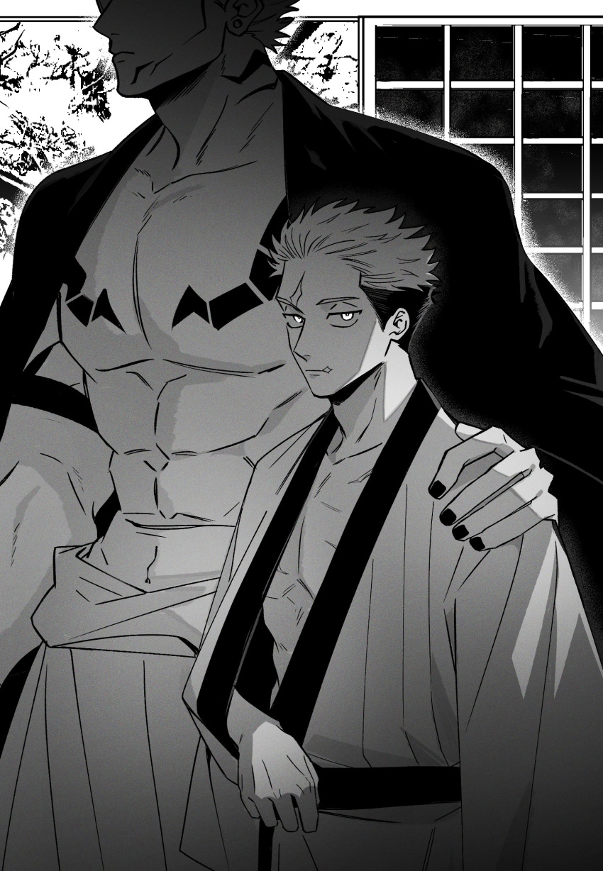 2boys abs arm_out_of_sleeve arm_tattoo chest_tattoo closed_mouth collarbone commentary_request dori_suki_na eyes_out_of_frame facial_tattoo fingernails greyscale hand_on_another's_shoulder head_out_of_frame height_difference highres indoors itadori_yuuji japanese_clothes jujutsu_kaisen looking_at_viewer male_focus monochrome multiple_boys multiple_scars muscular muscular_male pectorals ryoumen_sukuna_(jujutsu_kaisen) scar scar_on_face scar_on_forehead scar_on_mouth serious short_hair size_difference tattoo undercut