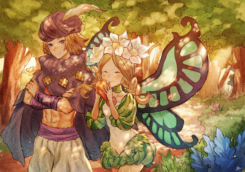 1boy 1girl absurdres bandaged_arm bandages blonde_hair braid butterfly_wings cape closed_eyes closed_mouth eating fairy fairy_wings fantasy feathers flower food forest fruit hakumai_(hakumai_art) head_wreath highres holding ingway_(odin_sphere) looking_at_viewer medium_hair mercedes_(odin_sphere) nature odin_sphere plant pointy_ears puff_and_slash_sleeves puffy_sleeves purple_cape sash smile tree turban violet_eyes wings