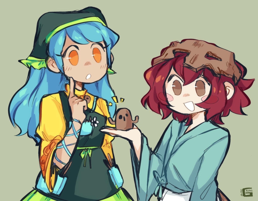1girl 1other 2019 androgynous apron arm_ribbon artist_name bad_id bad_tumblr_id blue_hair blue_kimono blue_ribbon blush_stickers brown_eyes brown_headwear brown_skirt commentary crossover dress english_commentary eyelashes finger_to_cheek frilled_apron frilled_headwear frills green_apron green_background green_headwear green_ribbon haniwa_(statue) haniyasushin_keiki head_scarf height_difference helmet holding japanese_clothes jewelry juliet_sleeves katano_sukune kimono len'en long_hair long_sleeves magatama magatama_necklace necklace notice_lines open_mouth orange_eyes pocket popipep puffy_sleeves redhead ribbon second-party_source short_hair single_strap skirt sleeves_past_elbows smile tan tools touhou upper_body waist_apron waist_ribbon watermark white_apron wide_sleeves yellow_dress