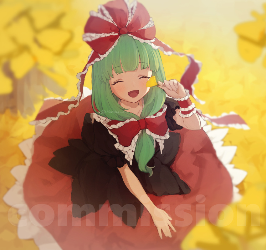 1girl blunt_bangs bow commission frilled_bow frilled_ribbon frills from_above front_ponytail ginkgo_leaf green_hair hair_bow hair_ribbon highres honotai kagiyama_hina leaf red_bow red_ribbon ribbon skeb_commission smile solo touhou watermark