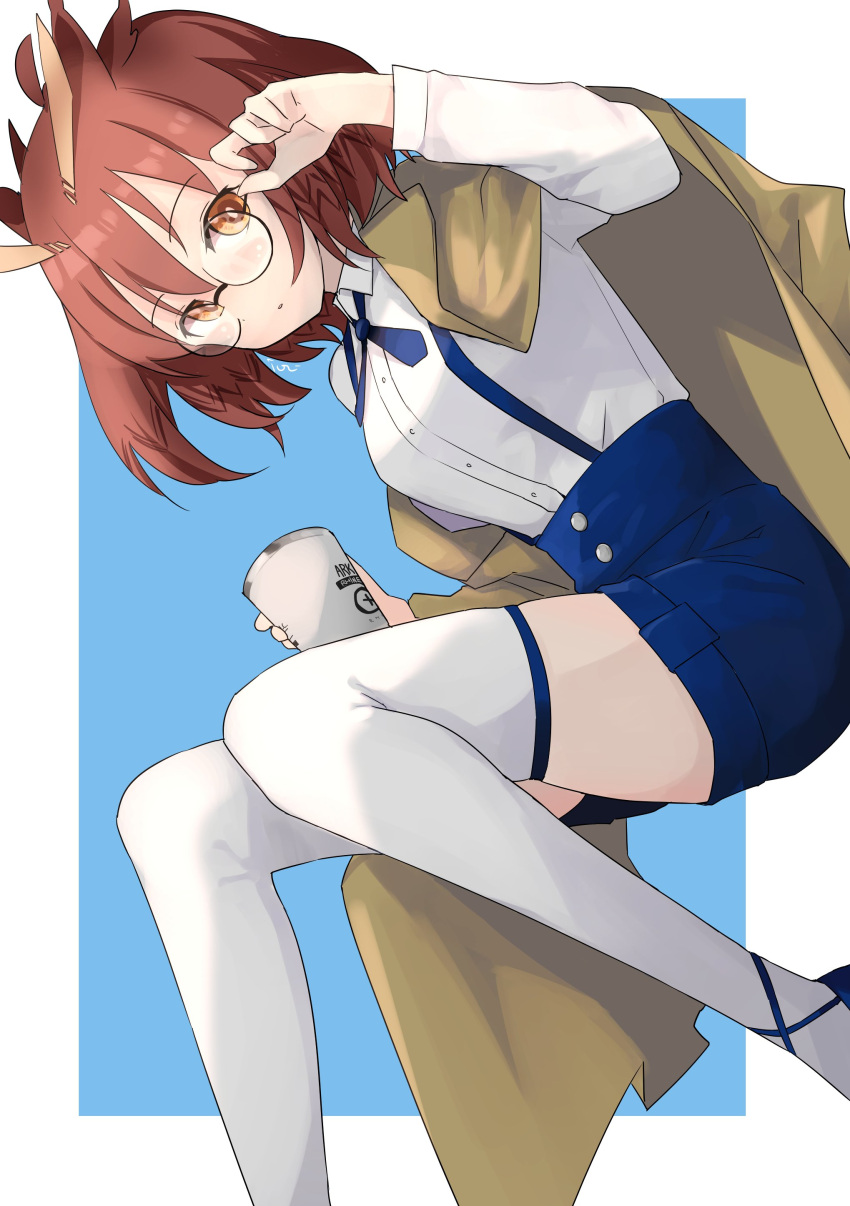 1girl absurdres alternate_costume arknights blue_background blue_shorts border breasts brown_coat brown_hair buttons coat coat_on_shoulders commentary cup disposable_cup feather_hair feet_out_of_frame glasses highres holding holding_cup iuri_(bungakuyomyom) long_sleeves looking_at_viewer medium_breasts orange_eyes parted_lips round_eyewear short_hair shorts silence_(arknights) simple_background skindentation solo suspender_shorts suspenders thigh-highs white_thighhighs