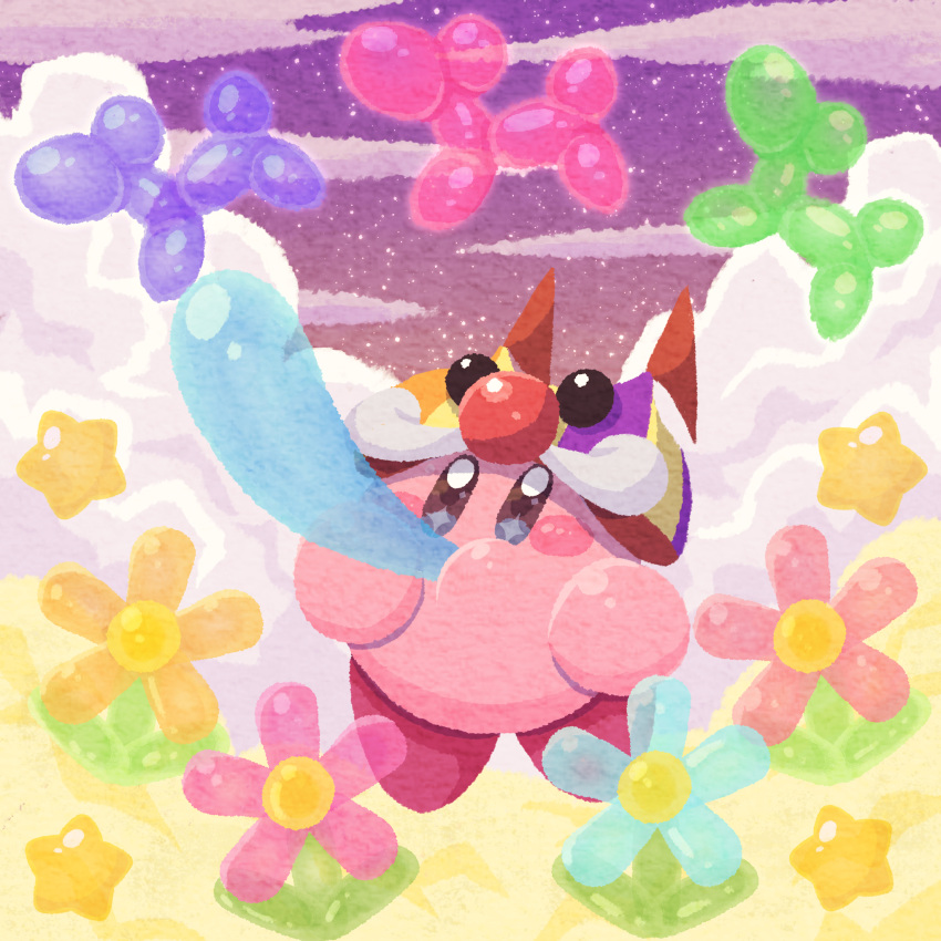 balloon_animal blush_stickers circus_kirby clouds clown_nose copy_ability evening flower highres inflating kirby kirby_(series) miclot no_humans pink_flower pink_footwear shoes sky star_(sky) starry_sky