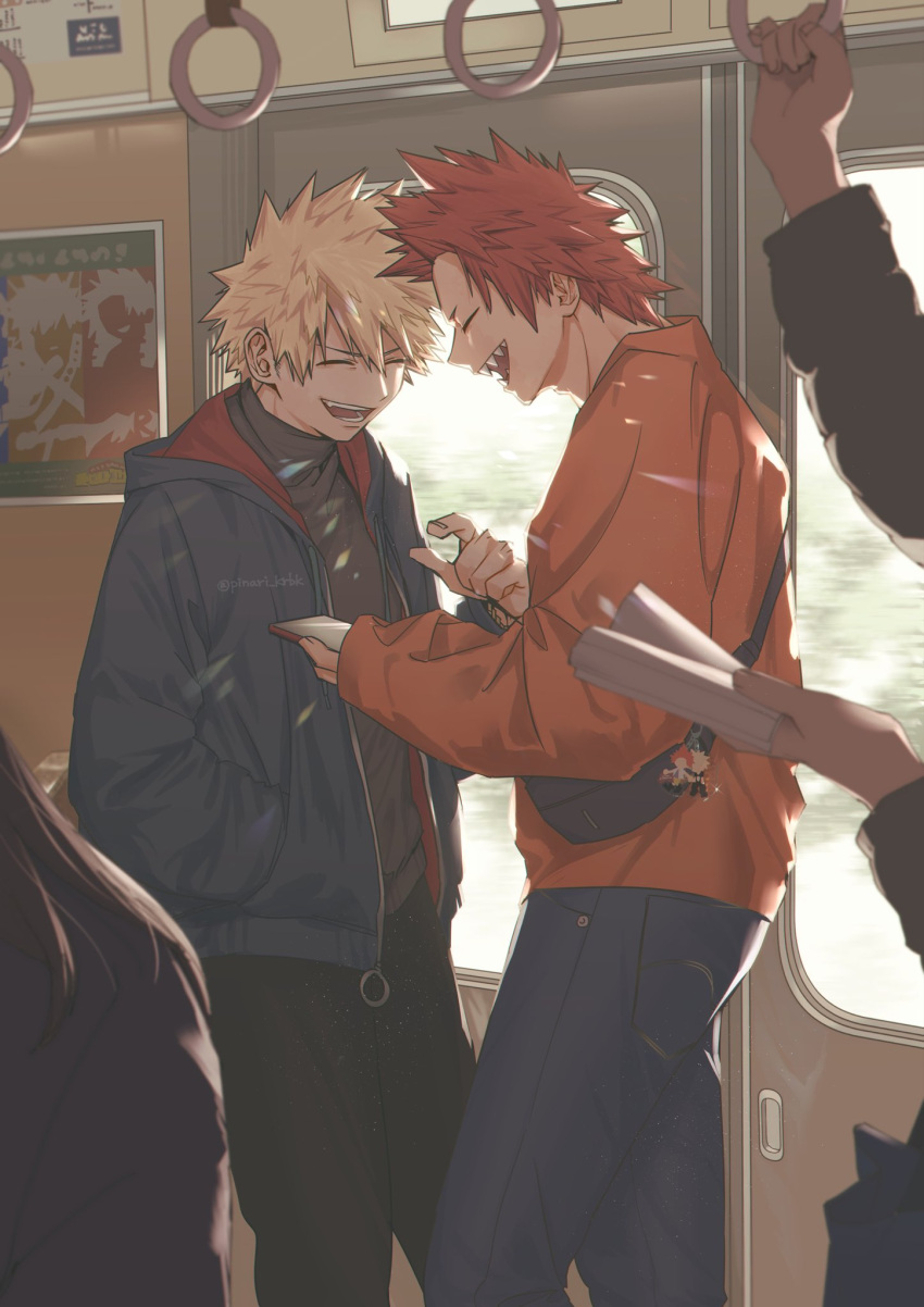 2boys 2others adam's_apple alternate_costume bag bag_charm baggy_clothes bakugou_katsuki black_pants black_sweater blonde_hair blue_bag blue_jacket blurry blurry_background boku_no_hero_academia book bus_interior casual cellphone character_charm charm_(object) check_clothing closed_eyes copyright_name cowboy_shot depth_of_field diffraction_spikes door drawstring facing_another fang from_side hair_between_eyes hand_in_pocket hand_up handbag happy head_down highres holding holding_book holding_hand_grip holding_phone hood hood_down hooded_jacket jacket kirishima_eijirou long_sleeves male_focus multiple_boys multiple_others open_clothes open_jacket open_mouth orange_shirt pants phone pointing poster_(object) profile redhead sharp_teeth shirt short_eyebrows short_hair sleeves_past_wrists smartphone smile spiky_hair standing sweater teeth tsukota turtleneck turtleneck_sweater twitter_username two-sided_fabric two-sided_jacket v-shaped_eyebrows x zipper_pull_tab
