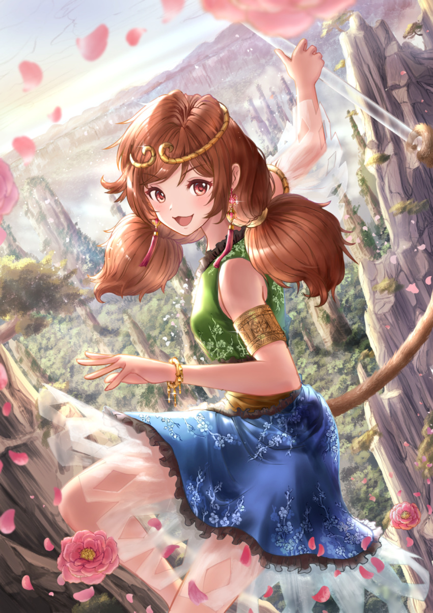 1girl arm_up bare_legs bare_shoulders bicep_strap blue_skirt brown_eyes brown_hair double_bun dress earrings floral_print flower forest frilled_dress frills gold_hairband green_dress hair_bun hair_ornament hairband hand_up highres holding holding_staff holding_weapon jewelry monkey_tail mountainous_horizon multicolored_clothes nature open_mouth petals pisces_2355 prehensile_tail skirt sky solo son_biten staff sunlight tail tongue touhou unfinished_dream_of_all_living_ghost weapon wristband yellow_dress