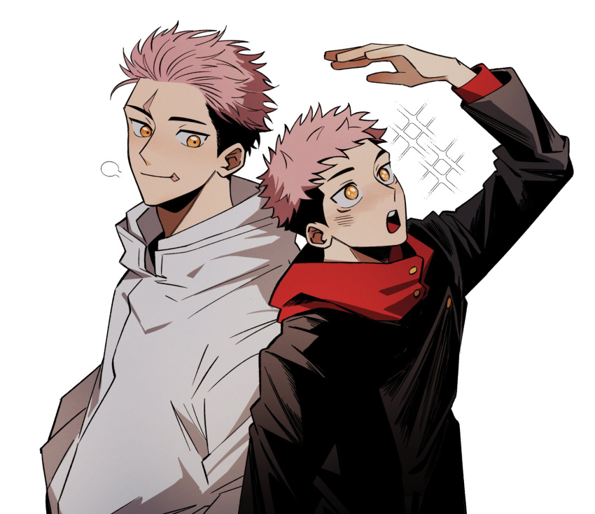 2boys age_comparison arm_up back-to-back black_hair blush closed_mouth commentary_request dori_suki_na grey_hoodie height_difference highres hood hood_down hoodie itadori_yuuji jujutsu_kaisen jujutsu_tech_uniform looking_at_another male_focus multiple_boys open_mouth pink_hair red_hoodie short_hair simple_background smile upper_body white_background yellow_eyes