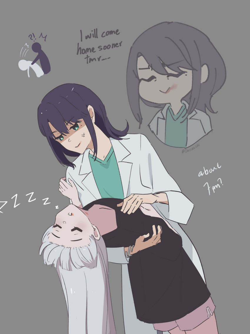 2girls anger_vein black_shirt blue_shirt cho_kaguya-hime! closed_mouth commentary dolphin_shorts english_commentary english_text green_eyes grey_background grey_hair hickey highres lab_coat linraechi lipstick long_hair makeup medium_hair mole mole_under_eye multiple_girls pink_shorts purple_hair runami_yachiyo sakayori_iroha shirt shorts simple_background smeared_lipstick yuri