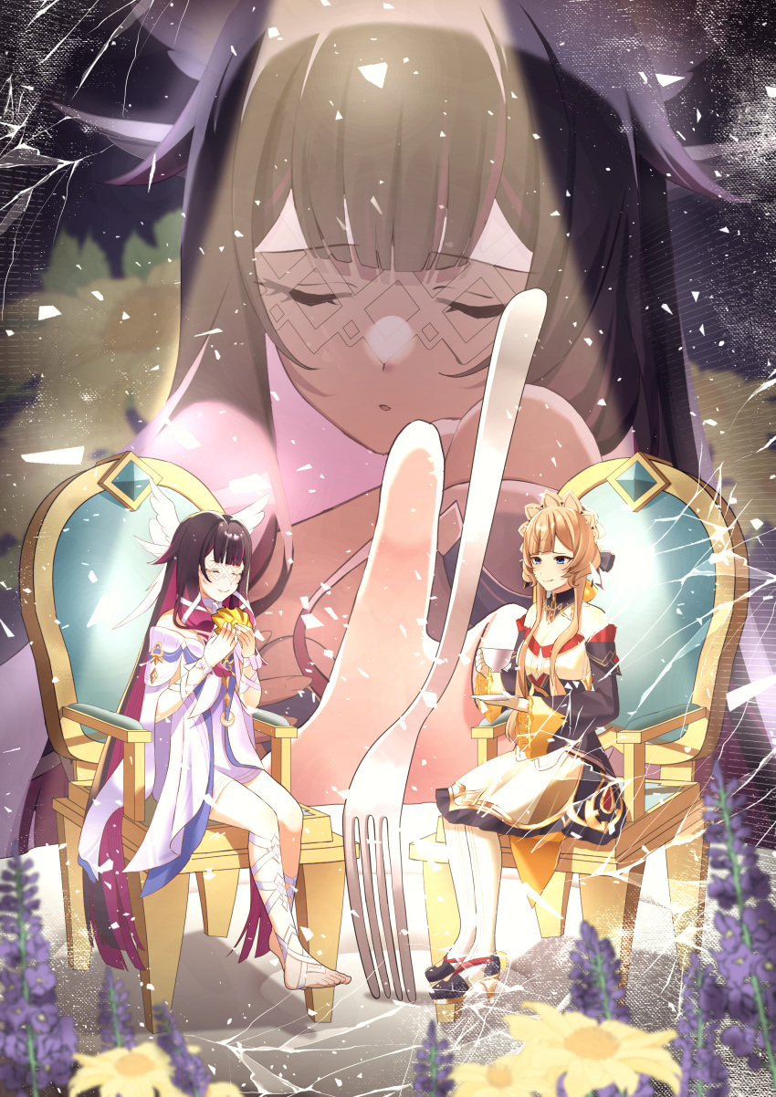 2girls absurdres bare_shoulders black_collar black_hair black_sleeves blue_eyes bonnet bow brown_hair chair closed_eyes closed_mouth collar columbina_(genshin_impact) commentary cookie crack cup detached_collar detached_sleeves dress eating eye_mask flower food fork genshin_impact gloves hair_ornament head_wings headdress highres holding holding_cup holding_saucer long_hair long_sleeves mask multicolored_hair multiple_girls multiple_wings on_chair plate purple_flower purple_hair purple_streaks reaching ribbon sandrone_(genshin_impact) saucer see-through_clothes see-through_mask short_hair_with_long_locks sitting smile streaked_hair teacup two-tone_hair very_long_hair watatai white_dress white_gloves white_headdress white_mask white_wings wing_hair_ornament wings wrist_bow x-shaped_eyewear yellow_flower