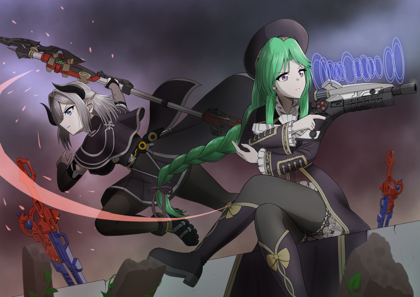 2girls absurdres aiming ankle_boots arm_up ascot assault_lily attack_trail axe battle_axe beret black_boots black_bridal_gauntlets black_capelet black_coat black_hat black_horns black_pantyhose black_shirt black_skirt blue_eyes boots bow bridal_gauntlets capelet closed_mouth coat commentary_request crossed_legs demon_horns detached_sleeves embers footwear_bow frilled_skirt frilled_sleeves frills grey_hair gun hair_over_one_eye half_updo hand_on_own_elbow hands_up hat highres holding holding_axe holding_gun holding_weapon horns knee_boots long_hair long_sleeves looking_ahead medium_hair midair miniskirt multiple_girls murakami_tokiwa one_eye_covered open_clothes open_coat outdoors overcast pantyhose parted_bangs planted planted_sword pleated_skirt profile sekino_youko shirt single_horizontal_stripe sitting skirt sky slashing striped_clothes striped_skirt sword v-shaped_eyebrows very_long_hair waist_cape weapon white_ascot yadoo yellow_bow