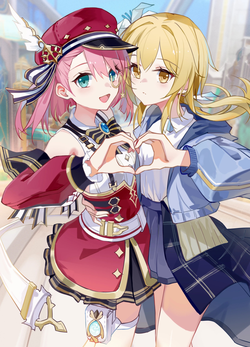 2girls :d absurdres belt blue_gemstone blue_jacket blue_skirt bow brooch cabbie_hat charlotte_(genshin_impact) closed_mouth commentary_request feet_out_of_frame flower gem genshin_impact green_eyes hand_on_another's_waist hat hat_feather heart heart_hands heart_hands_duo high-waist_skirt highres jacket jewelry long_hair long_sleeves looking_at_viewer lumine_(genshin_impact) monocle multiple_girls open_mouth outdoors pink_hair red_headwear red_skirt red_sleeves samele_otaku shirt skirt sleeveless sleeveless_shirt smile striped striped_bow suspenders thigh_pouch white_belt white_flower white_shirt yellow_eyes yuri