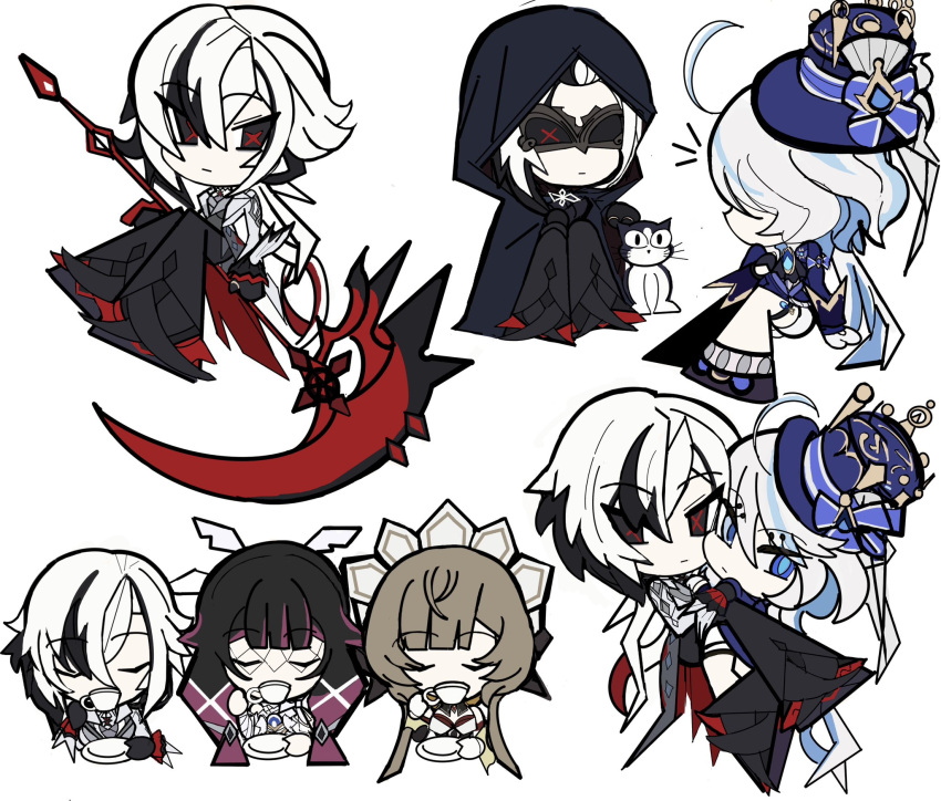 4girls 92837lan ahoge arlecchino_(genshin_impact) asymmetrical_gloves black_eyes black_gloves black_hair blue_eyes blue_hair blue_hat blue_pupils cat closed_eyes closed_mouth columbina_(genshin_impact) crimson_moon's_semblance_(genshin_impact) cup drop-shaped_pupils furina_(genshin_impact) genshin_impact gloves grey_hair hair_between_eyes hair_ornament hat head_wings heterochromia highres holding holding_cup holding_weapon huge_ahoge mismatched_pupils multicolored_hair multiple_girls notice_lines profile purple_hair red_pupils sandrone_(genshin_impact) streaked_hair symbol-shaped_pupils top_hat u_u weapon white_gloves white_hair wings x-shaped_pupils x_hair_ornament yuri