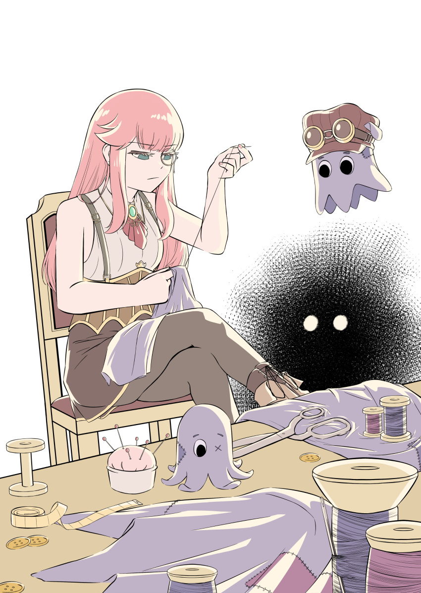 1girl aivy_lovencraft craftito fanart goggles goggles_on_head green_eyes highres indie_virtual_youtuber long_hair monocle otelopen pink_hair sewing simple_background sitting vtuber vtuberfanart