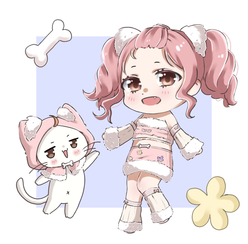 1girl alternate_costume animal animal_ears arm_warmers bangs_pinned_back bare_shoulders bone border brooch brown_eyes cat cat_ears chibi cloak clothed_animal commentary crop_top dot_nose drill_hair ear_covers english_commentary eyelashes fake_animal_ears fang floral_print flower forehead fur-trimmed_arm_warmers fur-trimmed_cloak fur-trimmed_leg_warmers fur-trimmed_shirt fur-trimmed_skirt fur_trim happy highres hood hood_up hooded_cloak jewelry leg_warmers light_blush looking_at_viewer midriff momo_(nikki) navel nikki_(nikki) nikki_(series) nonoberry22 open_mouth outside_border pink_cloak pink_hair pink_shirt pink_skirt print_skirt purple_background shining_nikki shirt shoes short_hair short_twintails sidelocks skirt skirt_set smile standing strapless strapless_shirt twin_drills twintails waving wavy_hair white_arm_warmers white_border white_cat white_leg_warmers white_romance_(shining_nikki) white_shoes y2k_fashion yellow_flower