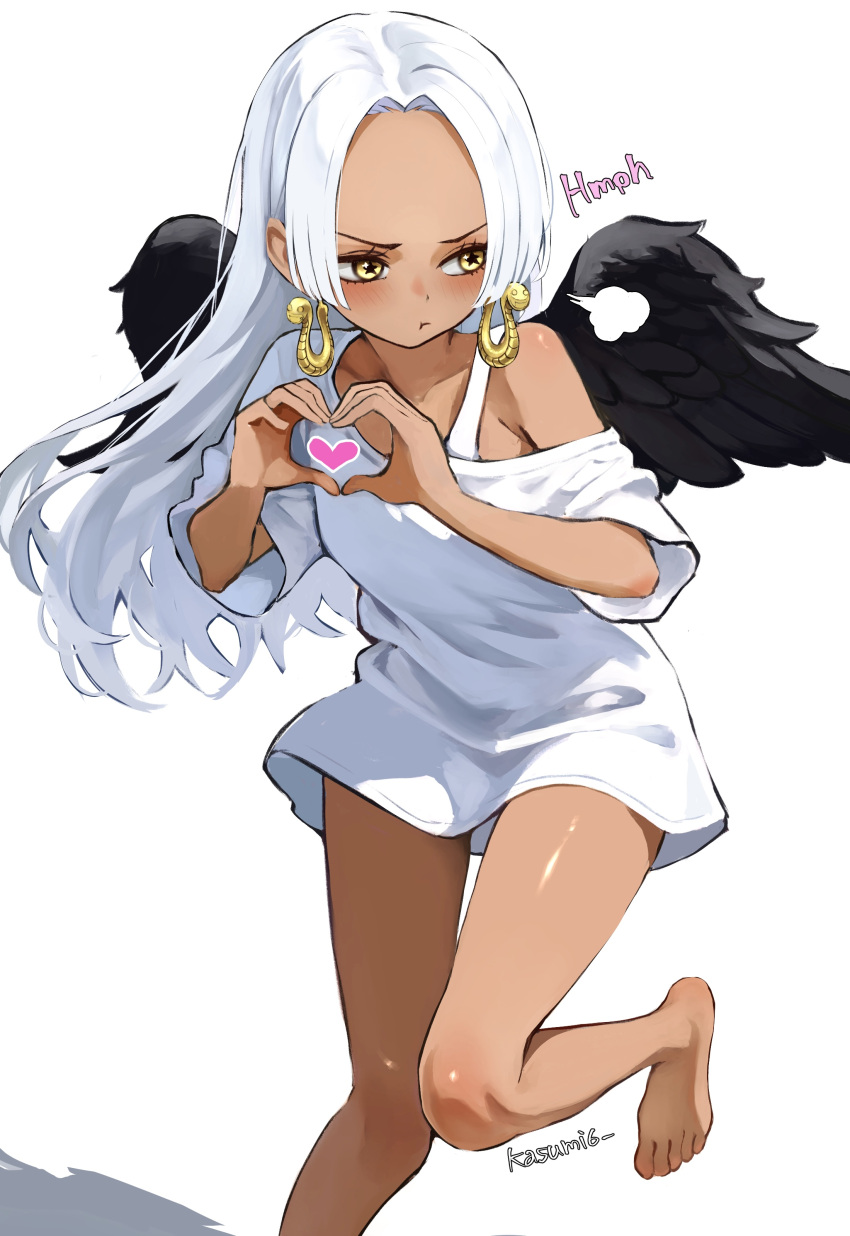 1girl :t absurdres artist_name averting_eyes bare_arms bare_legs barefoot black_wings blush commentary_request dark-skinned_female dark_skin earrings english_text feathered_wings forehead hair_ornament heart heart_hair_ornament heart_hands heart_in_heart_hands highres jewelry kasumi_6 long_hair no_pants one_piece puff_of_air s-snake seraphim_(one_piece) shirt simple_background single_bare_shoulder snake_earrings solo standing standing_on_one_leg star-shaped_pupils star_(symbol) straight_hair symbol-shaped_pupils very_long_hair white_background white_hair white_shirt wings yellow_eyes