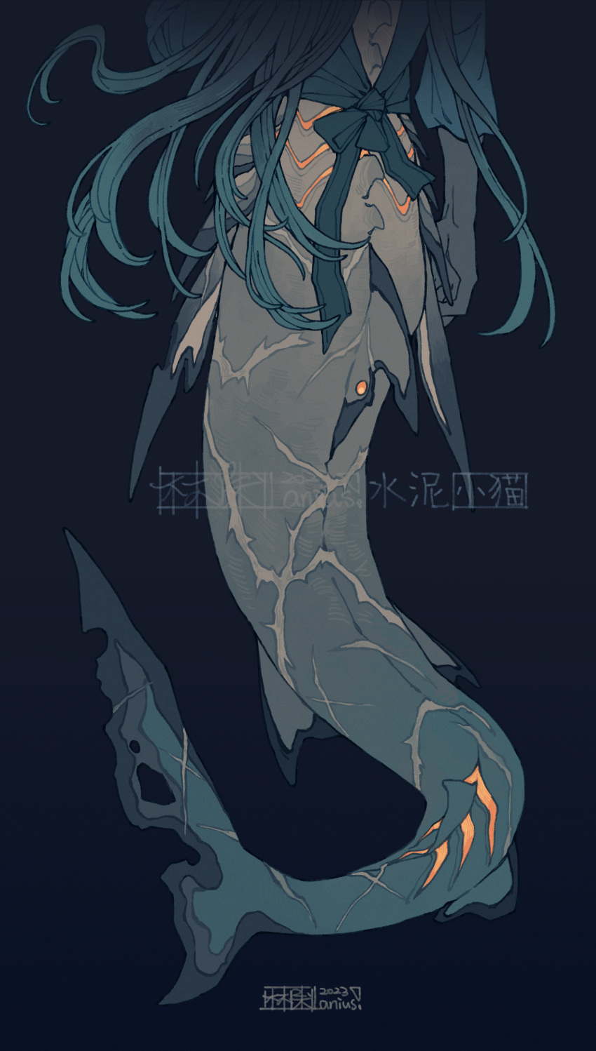 1boy absurdres artist_name backless_outfit black_background blue_hair commentary fins from_behind gills highres long_hair lower_body male_focus merman monster_boy original shark_boy shuini_xiaomao simple_background solo symbol-only_commentary too_many_scars very_long_hair