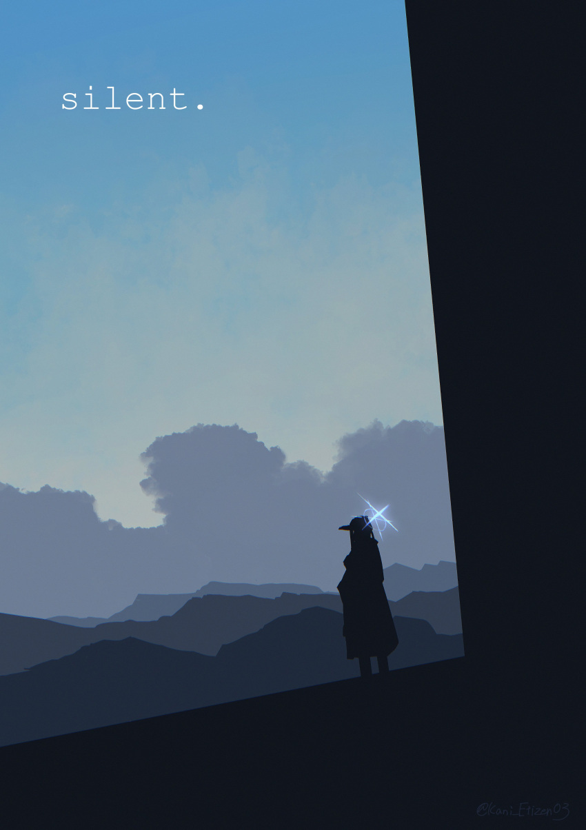 absurdres blue_archive clouds cloudy_sky english_text halo hashtag-only_commentary highres kani_etizen03 mountain red_halo saori_(blue_archive) scenery silhouette sky