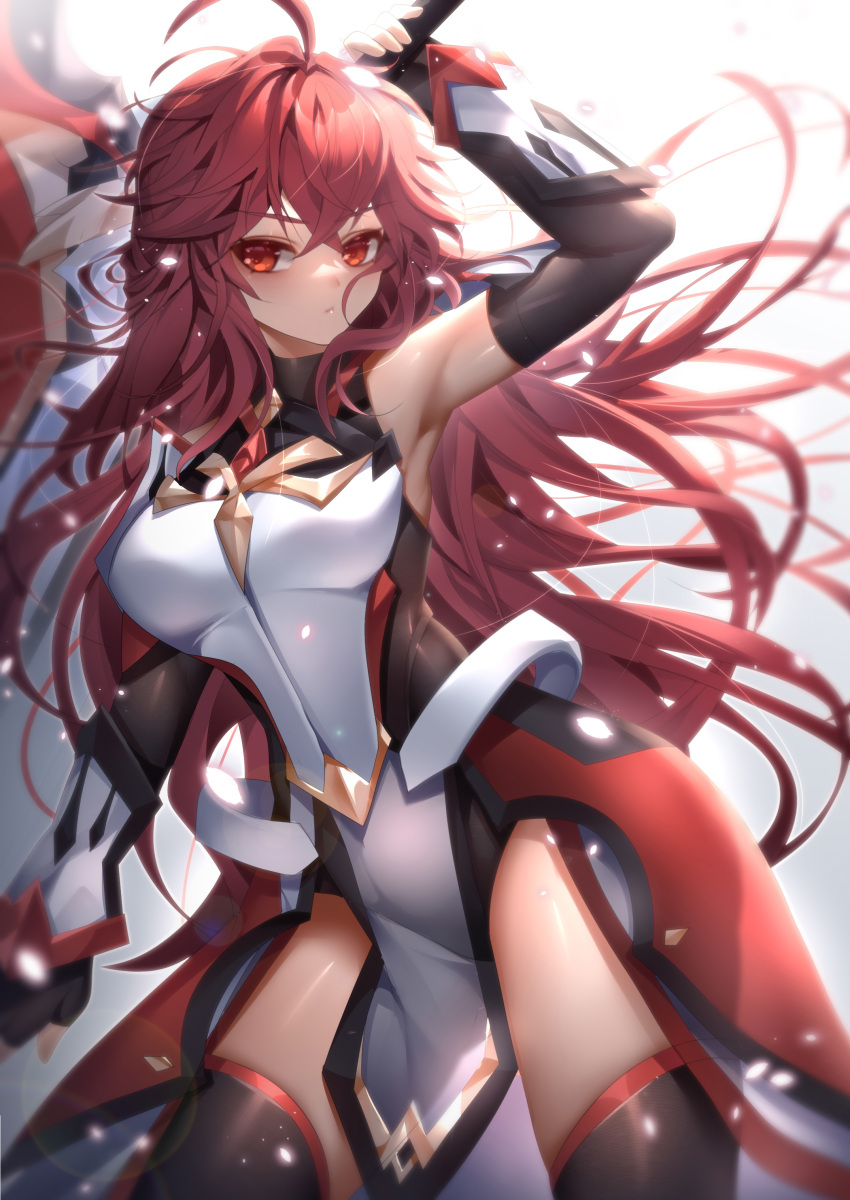 1girl absurdres ahoge armor armored_dress armpits been black_gloves black_thighhighs blurry blurry_background breasts claymore_(sword) elbow_gloves elesis_sieghart fingerless_gloves gem gloves gold_trim grand_chase highres holding holding_weapon long_hair looking_at_viewer red_eyes red_gemstone red_trim redhead serious simple_background solo sword thigh-highs very_long_hair weapon wrist_guards
