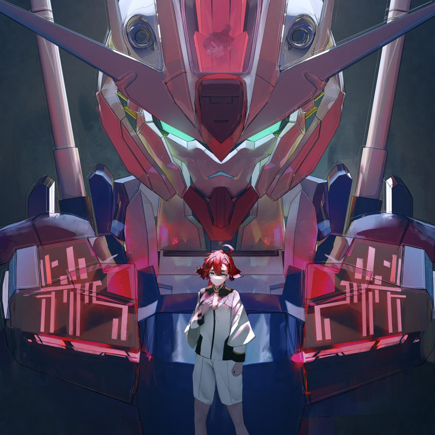 1girl ahoge artist_request asticassia_school_uniform black_hairband blue_eyes clenched_hand closed_mouth dim_lighting feet_out_of_frame glowing glowing_eyes gundam gundam_aerial gundam_suisei_no_majo hairband hand_on_own_chest highres long_sleeves official_art profile redhead school_uniform shorts size_difference suletta_mercury white_shorts wide_sleeves