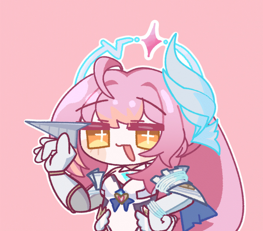 1girl ahoge amedrama animated animated_gif blue_halo character_request check_copyright copyright_request cross-shaped_pupils gloves halo hand_on_own_hip hand_up honkai:_star_rail honkai_(series) long_hair looping_animation open_mouth outline paper_airplane pink_background pink_hair simple_background solo symbol-shaped_pupils white_gloves white_outline yellow_eyes