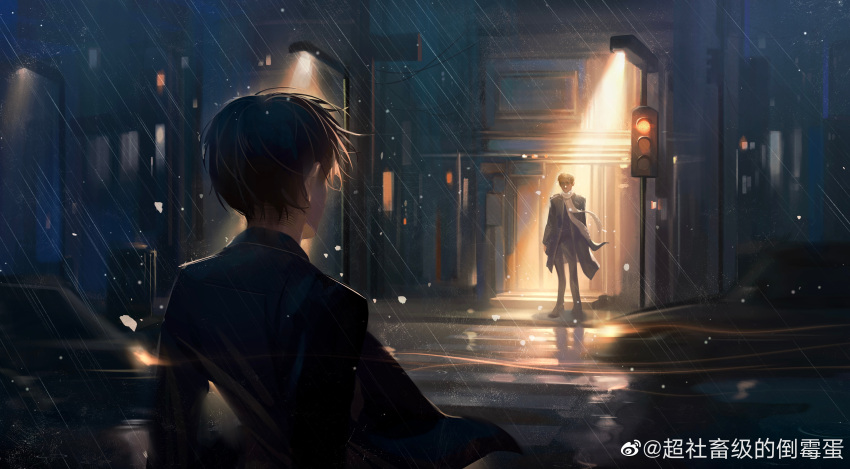 2boys absurdres alternate_costume alternate_universe black_hair blonde_hair erwin_smith facing_another full_body highres l.k_(lk_cyz) lamppost levi_(shingeki_no_kyojin) looking_at_another male_focus multiple_boys night night_sky perspective rain road_sign shingeki_no_kyojin short_hair sign sky standing suit upper_body