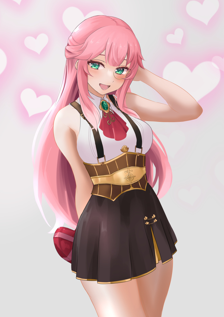 1girl absurdres aivy_lovencraft blush esteban_(estebaneishon) fanart green_eyes hand_up highres indie_virtual_youtuber long_hair looking_at_viewer monocle pink_hair simple_background smile solo valentine virtual_youtuber vtuber vtuberfanart