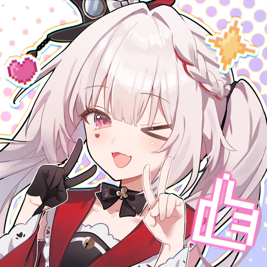 >_o 1girl :d black_bow black_gloves bow bow_choker braid choker circle_facial_mark close-up collarbone commentary_request double_v facial_mark fang gloves hat heart heart_facial_mark highres honkai:_star_rail honkai_(series) looking_at_viewer luna_(luna610) mark_under_both_eyes one_eye_closed outline pixel_art_inset portrait red_sailor_collar red_sleeves sailor_collar simple_background single_glove skin_fang smile solo sparkle_(honkai:_star_rail) sparxie_(honkai:_star_rail) star_(symbol) twintails v white_hair