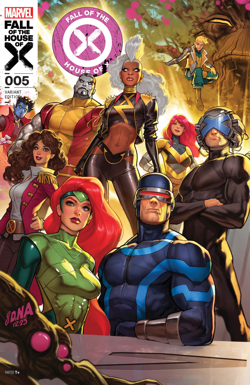 4girls 5boys absurdres armor artist_logo black_bodysuit black_hair black_pants black_shirt blue_skin bodysuit breasts brown_hair character_request charles_xavier clothing_cutout colored_sclera colored_skin colossus_(x-men) comic_cover company_name copyright_logo copyright_name cover cover_page covered_pectorals crossed_arms curly_hair cyclops_(x-men) dark-skinned_female dark_skin dated david_nakayama earrings epaulettes floating_hair green_armor green_eyes highres hip_vent husband_and_wife jean_grey jewelry kitty_pryde lightning_bolt_earrings lightning_bolt_symbol logo long_hair looking_at_viewer marvel marvel_girl metal_skin mohawk multiple_boys multiple_girls muscular muscular_male navel nightcrawler official_art orange_hair pants pectorals pink_hair pixie_(x-men) scott_summers shirt storm_(x-men) superhero_costume tree western_comics_(style) white_hair white_shirt x-men yellow_sclera