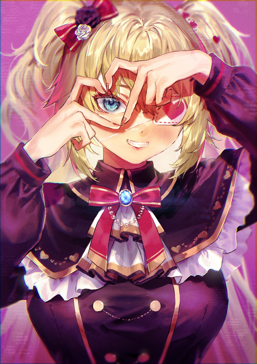 1girl absurdres akai_haato akai_haato_(5th_costume) ascot black_dress blonde_hair blue_eyes blush bow dress eyepatch gothic_lolita hair_between_eyes hair_bow hair_ornament heart heart_eyepatch heart_hair_ornament heart_hands heart_hands_over_eye highres hololive kuroi_suna lolita_fashion long_hair long_sleeves looking_at_viewer nail_polish official_alternate_costume red_bow red_nails smile solo two_side_up upper_body virtual_youtuber white_ascot