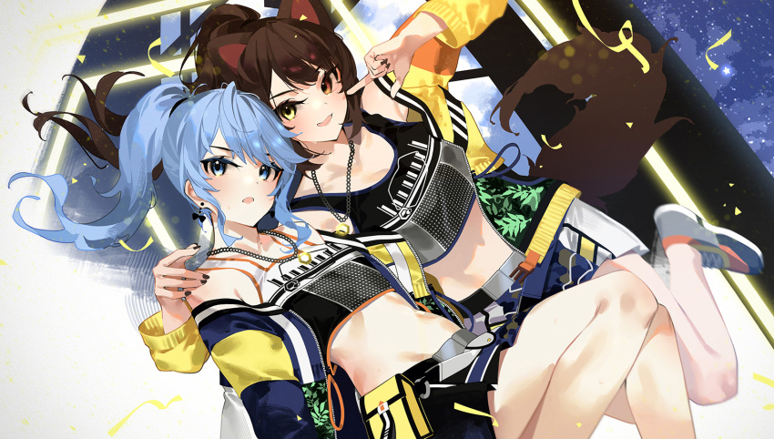 2girls animal_ears bangs bare_shoulders black_nails black_tank_top blue_eyes blue_hair blue_jacket bow bow_earrings brown_hair crop_top dog_ears dog_girl dog_tail earrings fishnets heterochromia highres hololive hoshimachi_suisei index_finger_raised inui_toko jacket jewelry long_hair long_sleeves looking_at_viewer mania_(fd6060_60) midriff miniskirt multicolored_clothes multicolored_jacket multiple_girls navel necklace nijisanji open_mouth orange_eyes pleated_skirt ponytail pouch shoes skirt smile sneakers star_(symbol) star_in_eye symbol_in_eye tail tank_top unzipped virtual_youtuber yellow_eyes yellow_jacket zipper