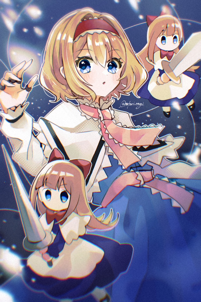 3girls :o alice_margatroid blonde_hair blue_dress blue_eyes bow bowtie capelet commentary_request cowboy_shot dress frilled_hairband frilled_sash frills hair_between_eyes hair_bow hairband highres holding holding_polearm holding_sword holding_weapon hourai_doll jewelry katsuragi_atori long_hair long_sleeves looking_at_viewer multiple_girls parted_lips polearm puppet_rings puppet_strings red_bow red_bowtie red_hairband ring sash shanghai_doll short_hair sword touhou twitter_username waist_sash weapon white_capelet