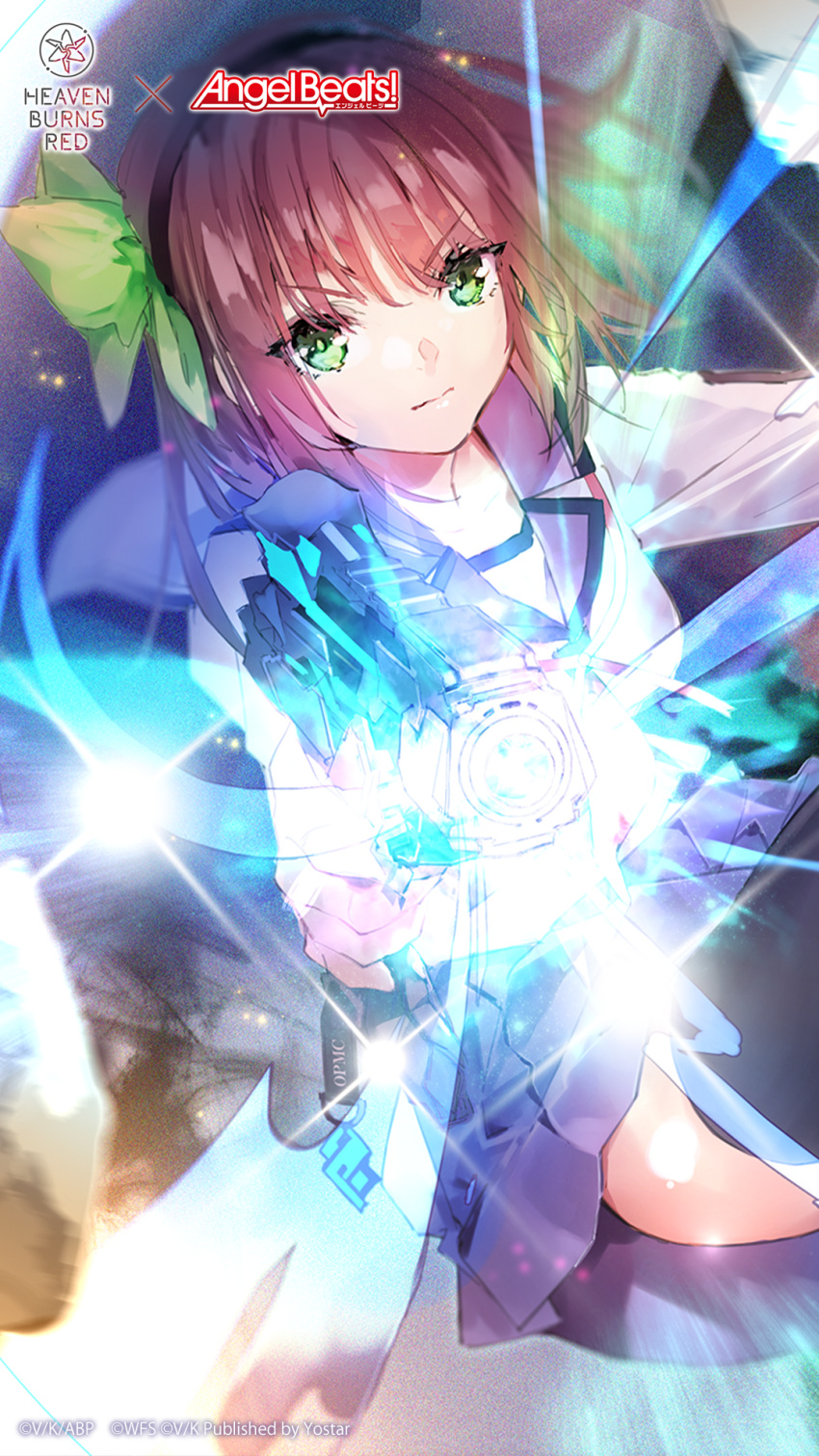 1girl aiming angel_beats! aura black_hairband black_thighhighs blue_skirt bow closed_mouth commentary copyright_logo copyright_notice cowboy_shot english_commentary eyelashes fighting_stance green_bow green_eyes gun hair_between_eyes hair_bow hairband handgun heaven_burns_red highres holding holding_gun holding_weapon key_(company) logo long_sleeves looking_at_viewer medium_hair miniskirt nakamura_yuri neckerchief official_art official_wallpaper outstretched_arms pink_neckerchief pleated_skirt purple_hair rubble serious shinda_sekai_sensen_uniform shirt sitting skirt solo straight_hair thigh-highs v-shaped_eyebrows weapon white_shirt