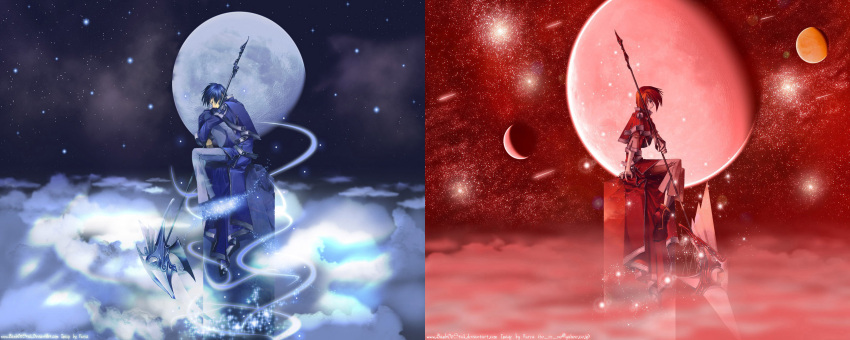 blue clouds dualscreen fog moon red scythe