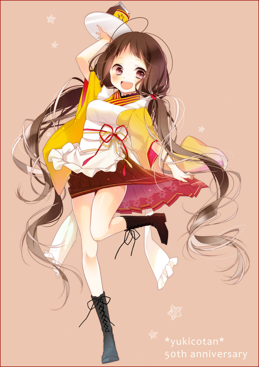 1girl :d apron blush boots border brown_background brown_hair carton cross-laced_footwear english highres japanese_clothes kimono lace-up_boots long_hair naoto_(tulip) open_mouth original red_border simple_background skirt skirt_pull smile solo standing_on_one_leg star tray twintails very_long_hair violet_eyes