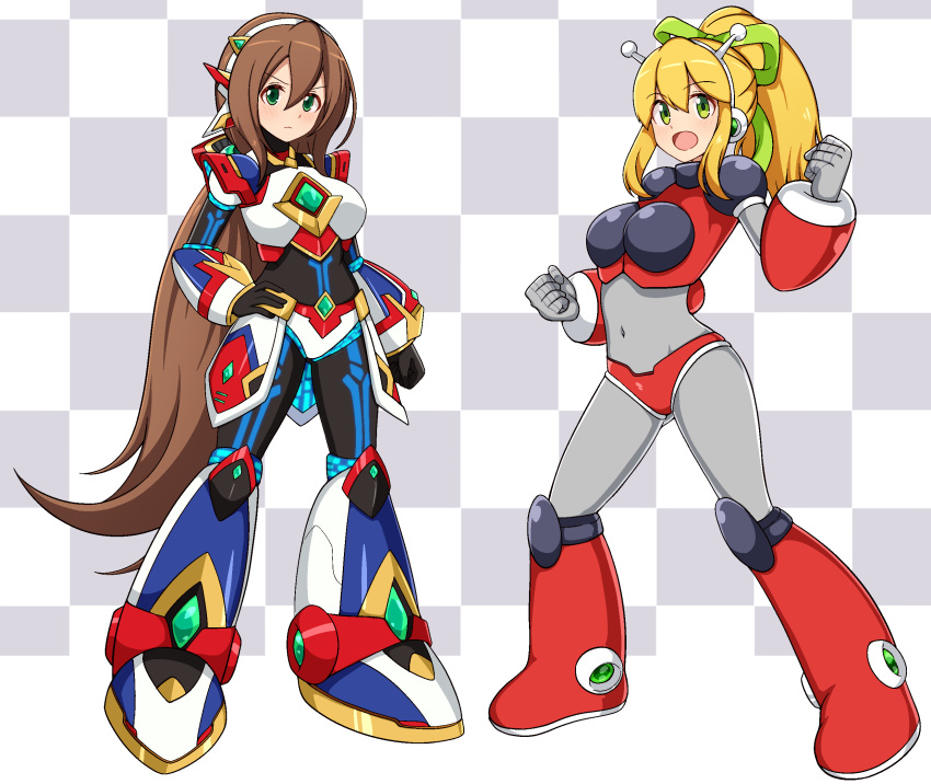 1girl :d aged_up android antennae arm_behind_back arm_up armor armored_boots arms_up bikini bikini_armor blonde_hair blush bodysuit boots breastplate breasts brown_hair checkered_background chest_jewel circuit_board_print clenched_hands commentary_request covered_navel earphones fighting_stance full_body gorget green_eyes green_ribbon grey_background hair_between_eyes hair_ribbon hairband hand_on_own_hip headphones highres hyper_roll_(marvel_vs._capcom) iris_(mega_man) joints knee_boots knee_pads large_breasts light_blush long_hair looking_at_viewer marvel_vs._capcom mechanical_arms mechanical_boots mechanical_legs mega_man_(classic) mega_man_(series) mega_man_x_(series) mega_man_x_dive milliani open_mouth ponytail radio_antenna red_armor red_bikini red_boots ribbon robot robot_girl robot_joints roll_(mega_man) serious shoulder_armor sidelocks smile solo swimsuit whip