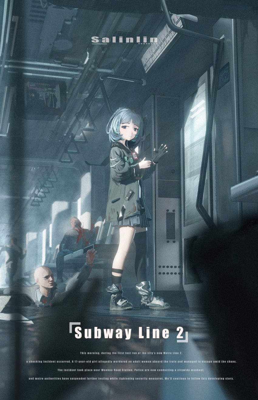 1girl 2boys absurdres blood blood_on_clothes blue_eyes ceiling commentary commentary_request english_text fare_gate fingerless_gloves fluorescent_lamp gloves grey_hair henkashaonian high_tops highres implied_death multiple_boys muted_color original reaching running scenery school_uniform shoes sign sneakers static subway subway_station tile_ceiling tile_floor tiles train train_station tunnel underground