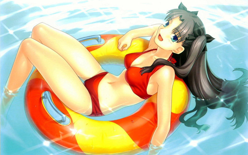 00s 1girl afloat armpits bangs bikini black_hair blue_eyes blush breasts cleavage fate/hollow_ataraxia fate/stay_night fate_(series) feet_in_water from_above hair_ribbon highres innertube legs long_hair looking_at_viewer lying navel official_art on_back open_mouth parted_bangs partially_submerged pool reclining red_bikini relaxing ribbon shiny shiny_hair smile soaking_feet solo sparkle sunbeam sunlight swimsuit takeuchi_takashi thigh_gap tohsaka_rin toosaka_rin twintails type-moon wallpaper water wet widescreen