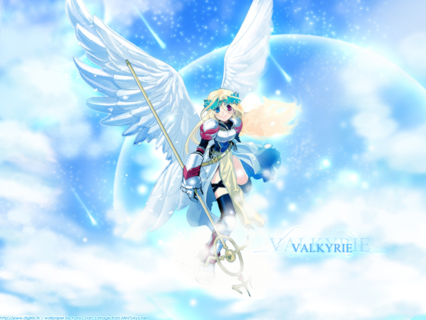 armor blue heterochromia long_hair milktea ragnarok_online solo staff valkyrie wings