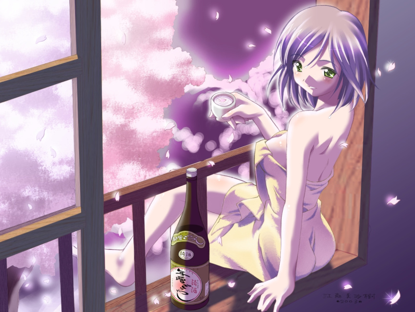 ass back balcony cherry_blossoms crossed_legs green_eyes impossible_towel looking_back naked_towel night petals sake sitting towel