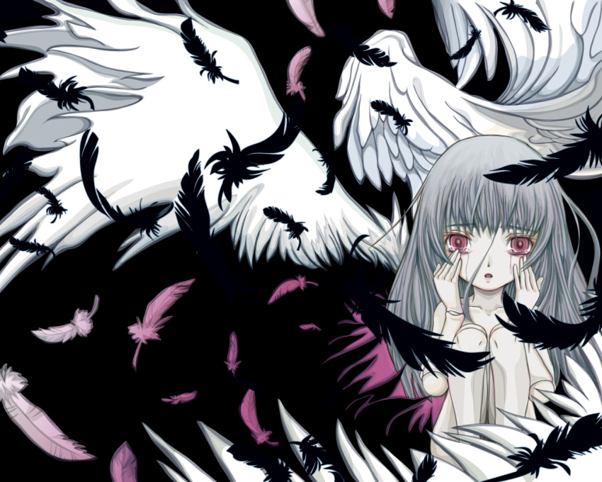 feathers pale_skin pink_eyes rozen_maiden silver_hair suigintou tears wings