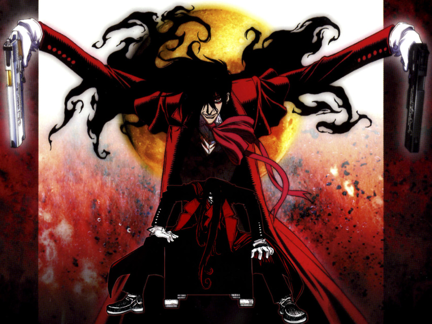 1boy alucard_(hellsing) artist_request ascot black_hair boots dual_wielding formal gun handgun hellsing long_coat long_hair looking_at_viewer moon necktie overcoat pistol sitting smile solo vampire weapon white_gloves