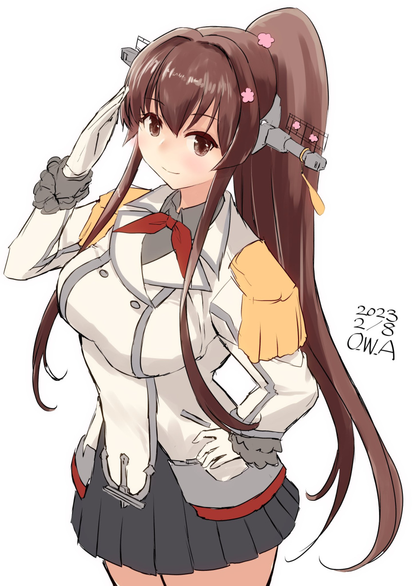 1girl breasts brown_hair buttons cherry_blossoms commentary_request cowboy_shot dated epaulettes gloves grey_skirt headgear highres jacket kantai_collection kashima_(kancolle) large_breasts long_hair long_sleeves military military_jacket military_uniform neckerchief one-hour_drawing_challenge owa_(ishtail) pleated_skirt ponytail red_neckerchief salute simple_background skirt solo uniform white_background white_gloves white_jacket yamato_(kancolle)