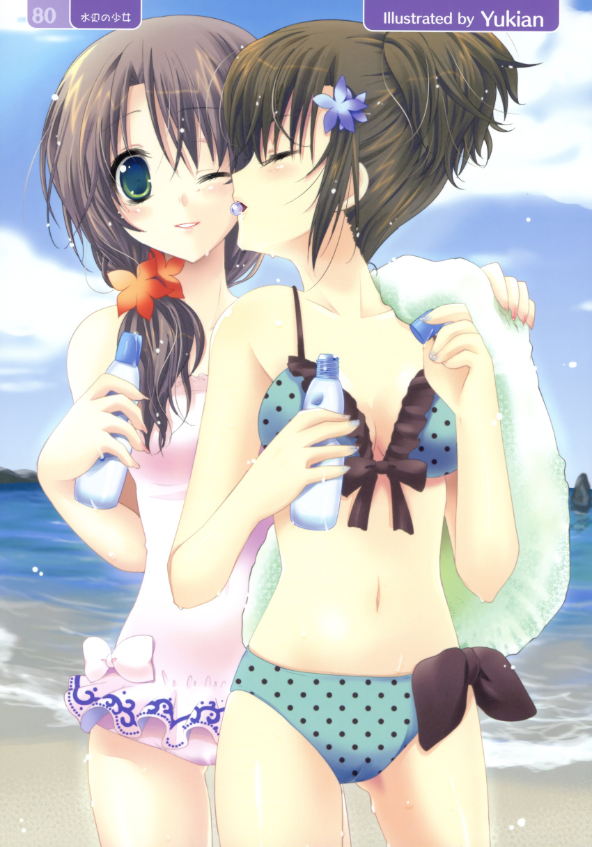 absurdres beach bikini blush breasts cleavage front-tie_top green_eyes highres mouth_hold multiple_girls navel ocean ramune sand scan swimsuit wink yukian