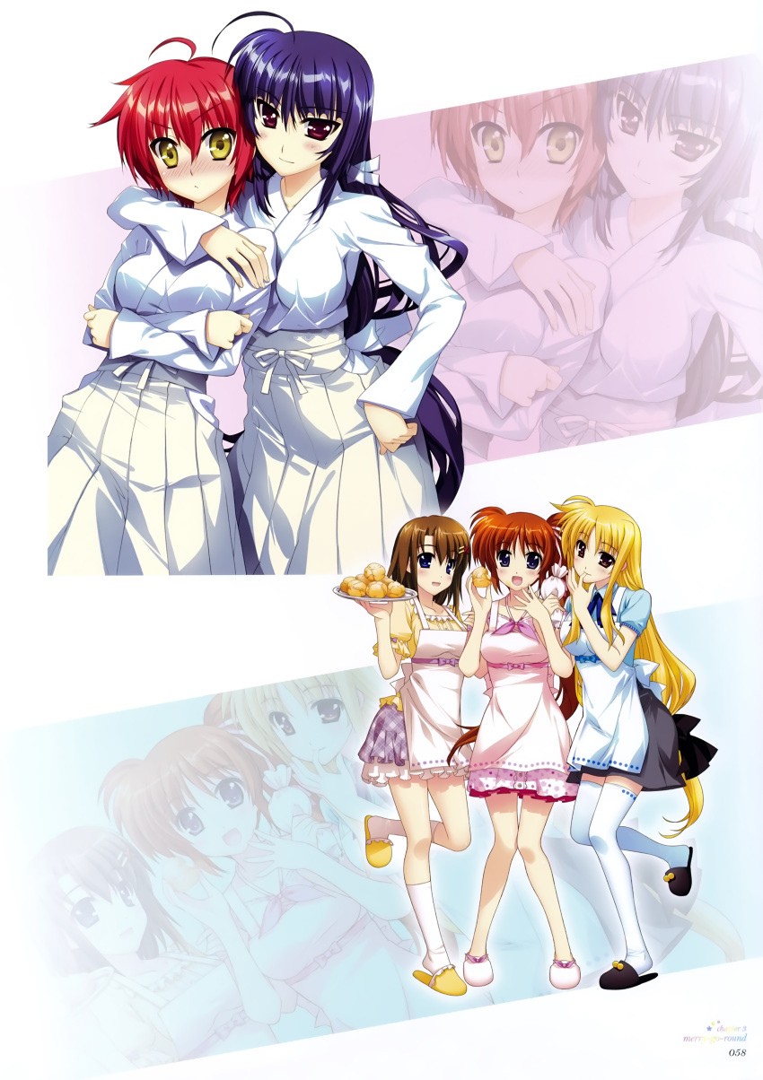 5girls :d absurdres ahoge apron blonde_hair blue_eyes blush bow brown_hair crossed_arms fate_testarossa fujima_takuya hair_bow hair_ribbon hand_on_hip highres hug japanese_clothes long_hair low-tied_long_hair lyrical_nanoha mahou_shoujo_lyrical_nanoha_vivid micaiah_chevelle miko multiple_girls nove_(nanoha) numbers_(nanoha) official_art open_mouth orange_hair pastry plate purple_hair red_eyes redhead ribbon short_hair side_ponytail skirt smile takamachi_nanoha thigh-highs tress_ribbon very_long_hair white_legwear yagami_hayate yellow_eyes zoom_layer