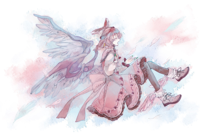 chachi_(azuzu) closed_eyes dress earrings floating hat jewelry large_bow mystia_lorelei nail_polish open_mouth pink_hair profile short_hair singing solo touhou winged_shoes wings